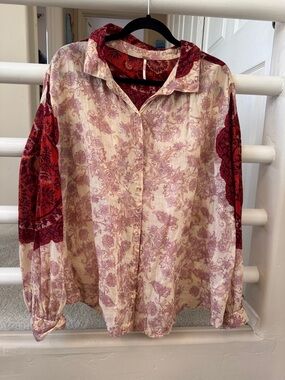 Free People Cream Blouse with Dusty Rose Print and Burgundy Sleeve Panels
